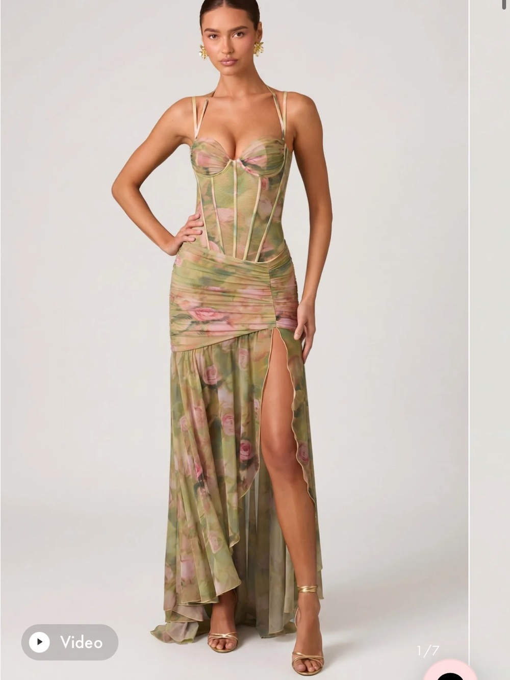 Oh Polly “Haruna” Ruched Asymmetric Corset Gown in Floral Multi Print